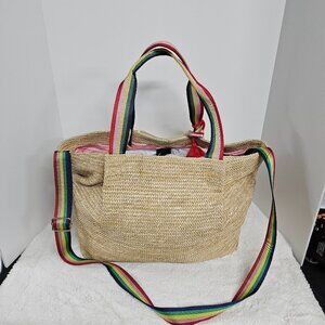 Stella & Dot Tan Straw Rainbow Handles Large Tote Weekender Beach Bag